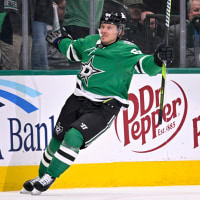 May 13, 2025; Dallas, Texas, USA; Dallas Stars center Mikael Granlund (64) celebrates after he scores a power-play goal against against the Winnipeg Jets during the first period in game four of the second round of the 2025 Stanley Cup Playoffs at American Airlines Center. Mandatory Credit: Jerome Miron-Imagn Images